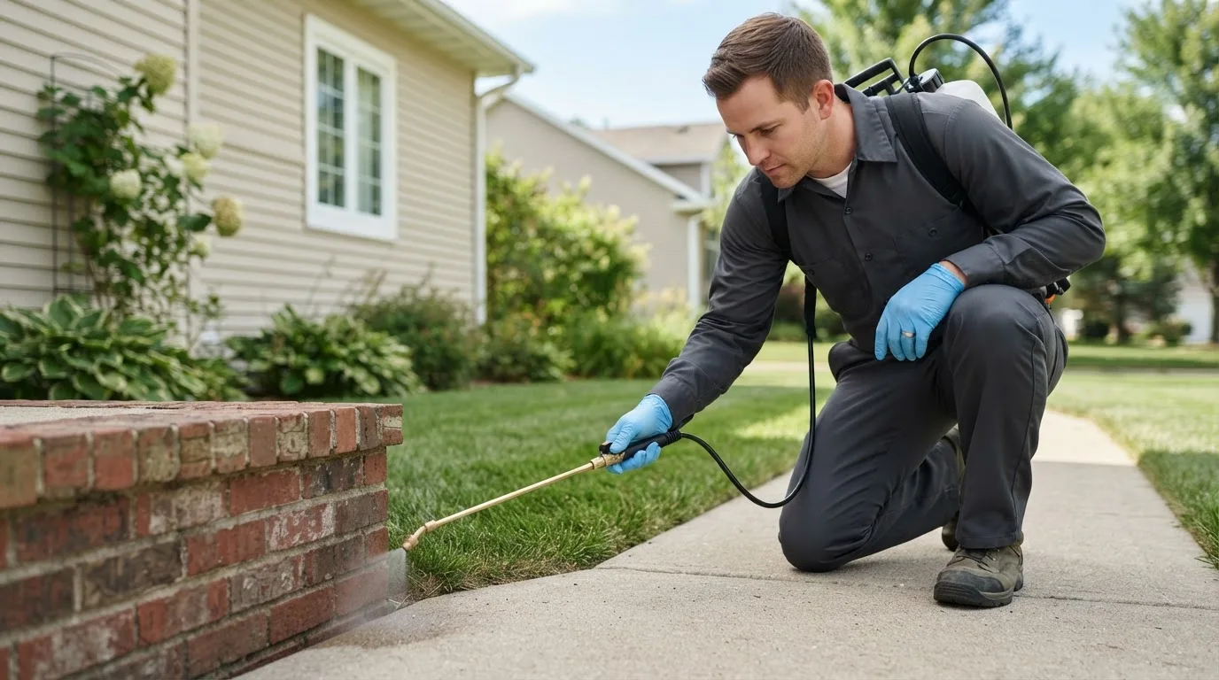 Pest control technician treating a home near Bettendorf, IA