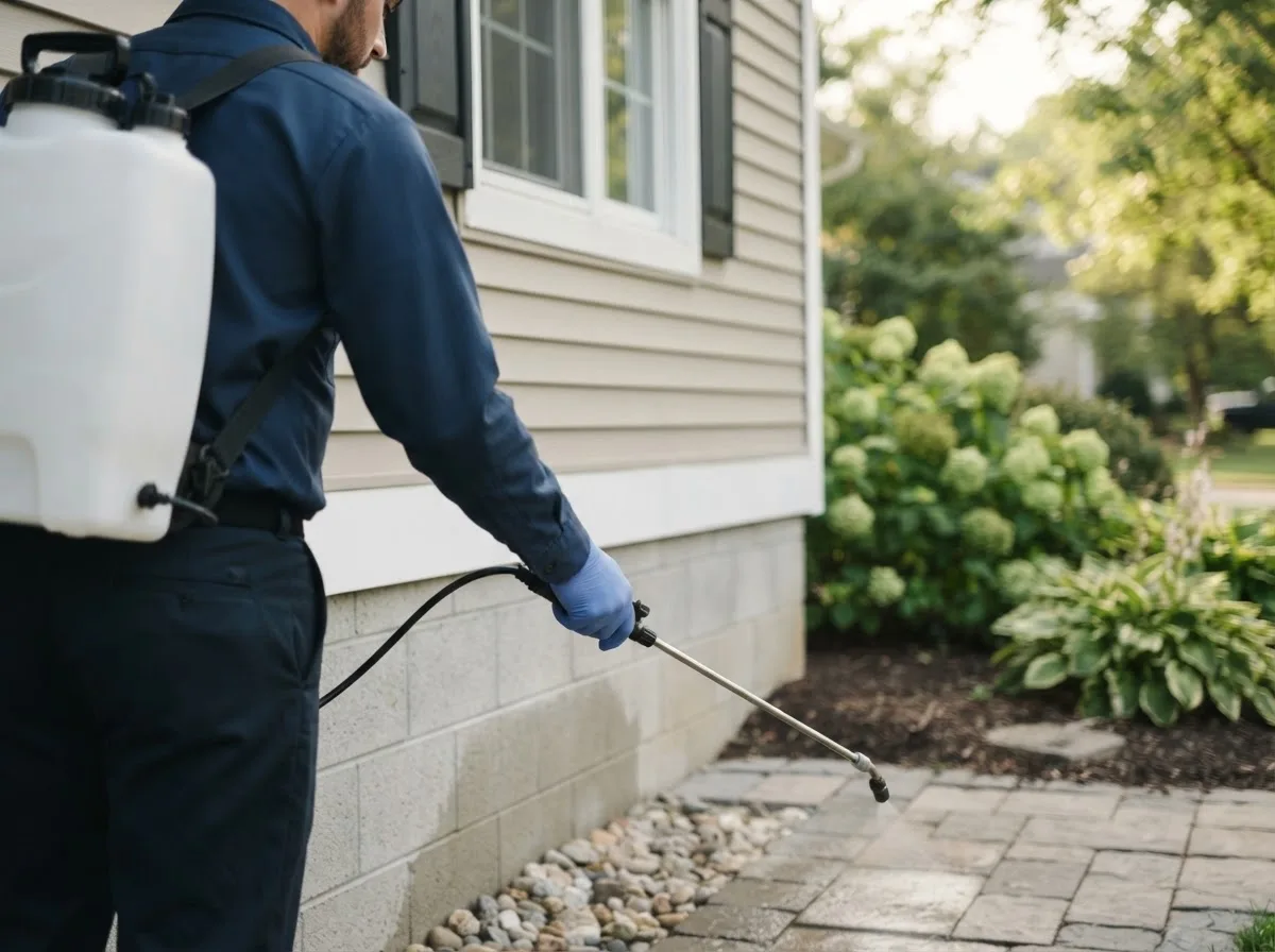 Pest control technician inspecting a home in Bettendorf, IA